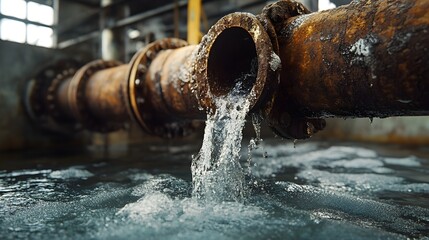 Rusted metal pipe in a flooded industrial room, water pouring from pipe joints, intricate rust patterns, dramatic lighting and shadows