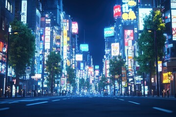 Fototapeta premium Digital Cityscape: Futuristic Pixelated Street with Holographic Advertisements and Copy Space