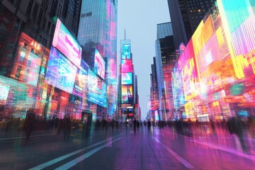 Futuristic Cityscape with Holographic Ads and Copy Space on Pixelated Street