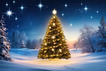 Obraz premium Enchanting Winter Wonderland Featuring Radiant Christmas Tree in Snowy Landscape Under Twinkling Stars
