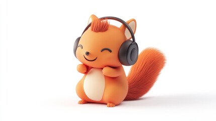 Naklejka premium A cheerful orange squirrel wearing headphones, enjoying music with a joyful expression.