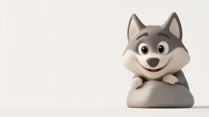 Obraz premium A cheerful cartoon wolf character peeks over a rock, exuding a playful and friendly vibe.