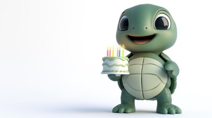Fototapeta premium A cheerful turtle character holding a birthday cake with candles, celebrating a joyful occasion.