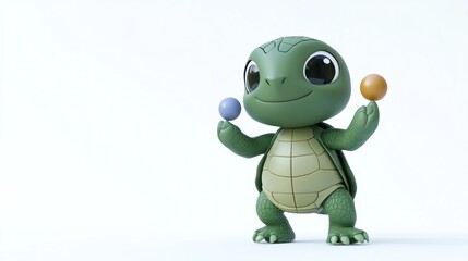 Obraz premium A cheerful turtle character balancing colorful balls, conveying playfulness and fun.