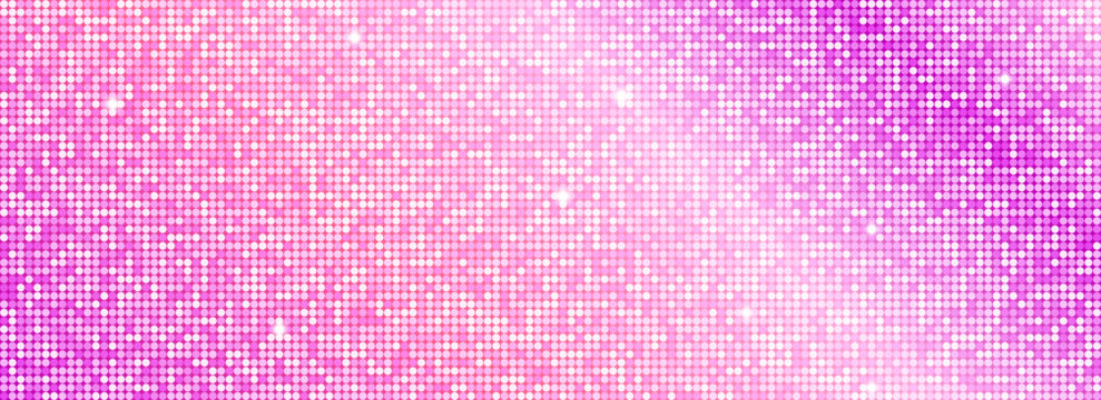 Shining pink purple disco party pattern background. Iridescent sequin mosaic texture. Abstract sparkling halftone wallpaper. Pop up comic glowing glitter backdrop. Retro vector design template