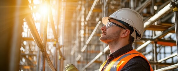 Engineer conducting a detailed inspection of structural steel, surrounded by scaffolding, construction workers visible, sunlight reflecting off metal