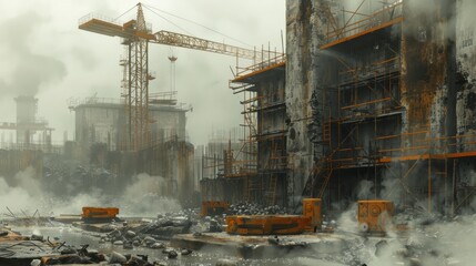 Fototapeta premium Construction site, industrial revolution era, steam, steel, concrete