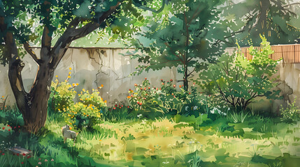 Fototapeta premium Trees and Plants Backyard Watercolor