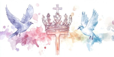 Holy Trinity symbols. Cross, crown and dove of Holy Spirit. Watercolor christian symbols against white background. Vector illustration.