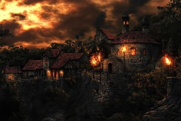 Enchanting Retro Medieval Village with Torchlit Path under Blank Night Sky for Text Insertion