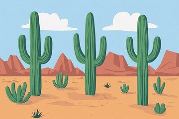Cartoon illustration of a desert landscape with three tall cacti and smaller desert plants in the foreground.