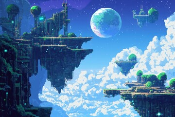 Otherworldly 8-Bit Planet with Floating Islands and Copy Space Sky