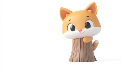 Fototapeta premium A cute cartoon cat peeking from behind a wooden stump, designed for playful appeal.