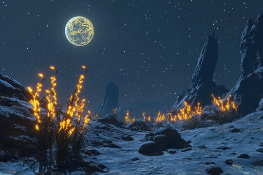 Neon Flora on 16-Bit Alien Planet - Futuristic Landscape with Copy Space for Sci-Fi Concepts.