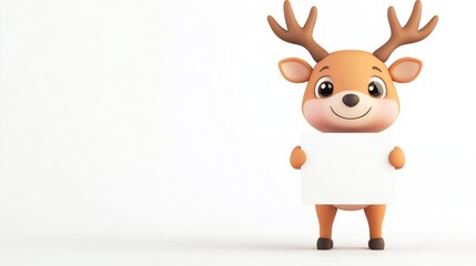 A cute cartoon deer holding a blank sign against a plain background.