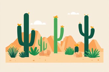 A cartoon illustration of a desert landscape with cacti, mountains, and clouds.