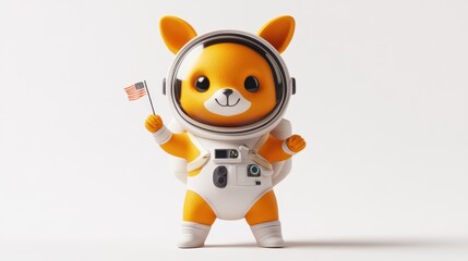 Fototapeta premium A cute cartoon fox in a spacesuit holding a small American flag.