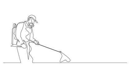 continuous line of pest control. one line drawing of pest controller spraying disinfectant. isolated white background