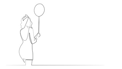 continuous line of woman carrying balloons.vector single line of woman standing and carrying balloons.abstract line concept of birthday celebration