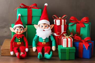 Fototapeta premium Joyful Christmas Celebration with Whimsical Elves and Bright Gifts Decorations