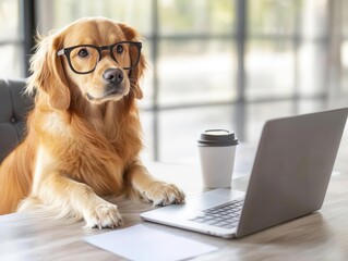A cute golden retriever puppy wearing oversized glasses sits at a desk with a laptop and coffee cup