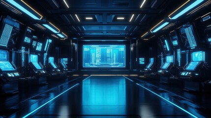 Naklejka premium Digital Innovation Laboratory with Glowing Screens and Minimalist Design for Copy Space