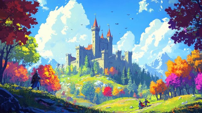 A vibrant landscape illustration featuring a medieval fantasy castle surrounded by knights and colorful trees beneath a wide blue sky