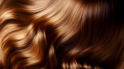 Fototapeta premium Her hair falls naturally in smooth waves, with a rich, chestnut-brown tone, the texture soft and shiny, exuding a healthy