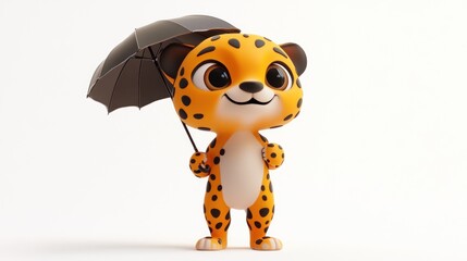 Fototapeta premium A cute cartoon leopard holding a small umbrella, showcasing a playful and cheerful expression.