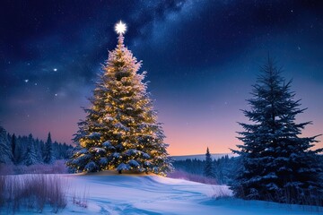 Enchanting Winter Landscape with Stunning Christmas Tree Beneath Starry Night Sky