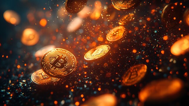 Digital Bitcoin coins floating in a vibrant colorful background, representing cryptocurrency and blockchain technology.