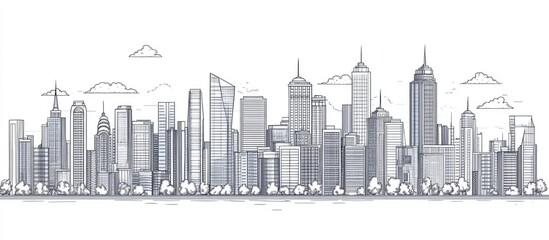 Modern city skyline in a thin line style featuring a wide panorama of tall skyscrapers against the urban backdrop