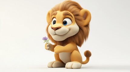 Fototapeta premium A cute cartoon lion holding a flower, showcasing a playful and friendly demeanor.