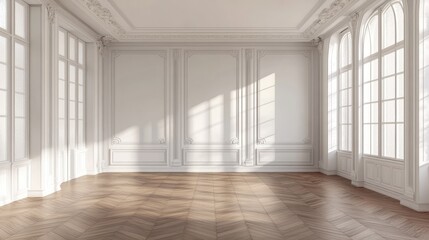 Empty room interior design featuring classic open space white walls parquet flooring trim molding and Victorian luxury style devoid of people ideal for mock up with copy space 3D illustration