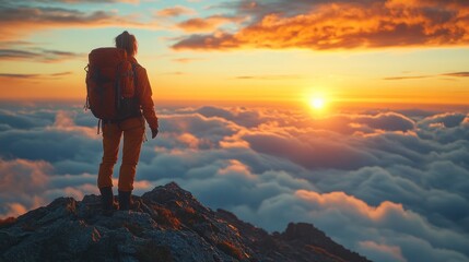 Fototapeta premium Hiker overlooking a sunset above the clouds on a mountain peak.