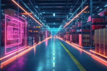 AI-driven warehouse logistics hub, holographic cargo monitoring, neon lighting