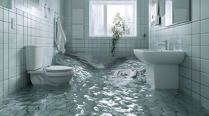 Bathroom flooding disaster, water covering the tiles, spilling from sink and toilet, realistic damage scene for insurance purposes