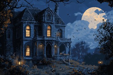 Eerie Pixelated Haunted Mansion with Cobwebs and Flickering Lanterns Against Full Moon Background