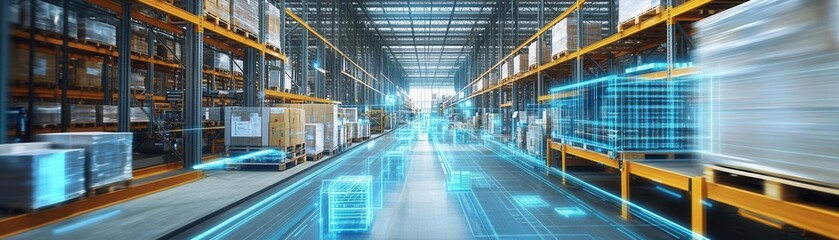 Holographic inventory flow, smart warehouse operations, global logistics hub