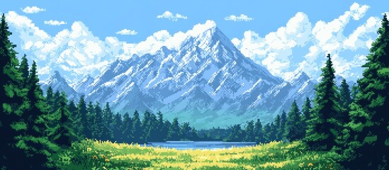 8 bit pixel art depicting a summer mountain landscape perfect for an arcade style video game backdrop