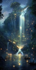Fototapeta premium A magical waterfall cascades down a cliff face, illuminated by a thousand twinkling lights. Boats glide on the water below, carrying passengers on a journey into the unknown.
