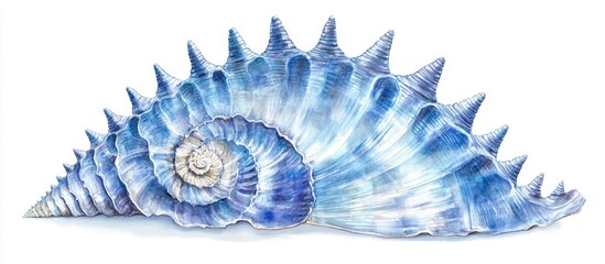 Fototapeta premium Blue marine shell with a round spiral shape featuring conical spikes and a fan like structure resting on a white background
