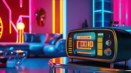 Obraz premium A vibrant retro radio in a modern room filled with neon lights, showcasing a blend of vintage and contemporary design elements.