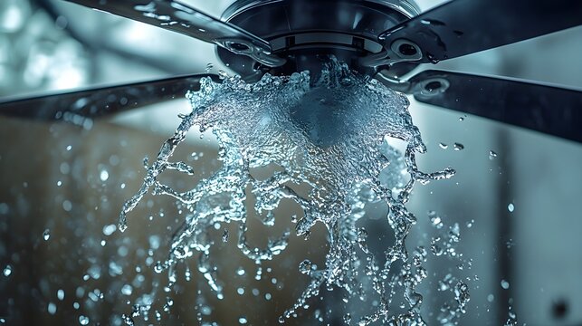 Ceiling fan with water flowing through its blades, creating a dramatic splash, emphasizing flood damage, insurance claim urgency