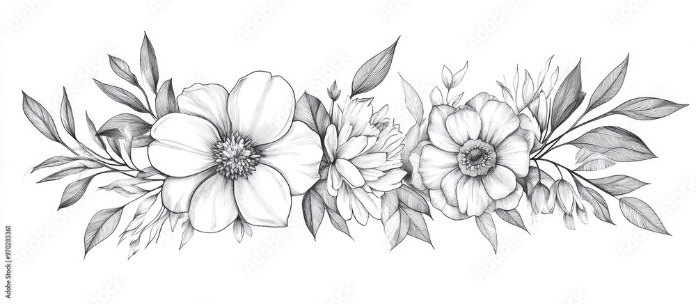 Wall mural outline illustration of botanical floral elements in a detailed drawing style