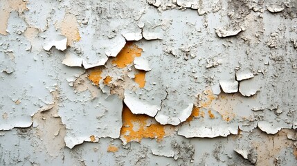 Obraz premium Close-up of a water-damaged wall with peeling paint, visible mold growth in corners, dim lighting accentuates the texture and decay, perfect for insurance claim context