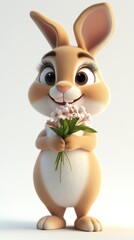 Obraz premium A cute cartoon rabbit holding a bouquet of flowers, showcasing a cheerful expression.