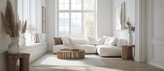 White living room featuring a sofa on wooden flooring decorative elements on an expansive wall and a white landscape visible through the window Nordic style interior 3D rendering