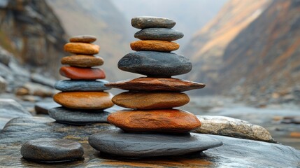 Two Balanced Rock Stacks in a Mountainous Landscape