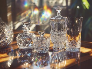A hyperrealistic closeup of crystal glassware on a reflective wooden table